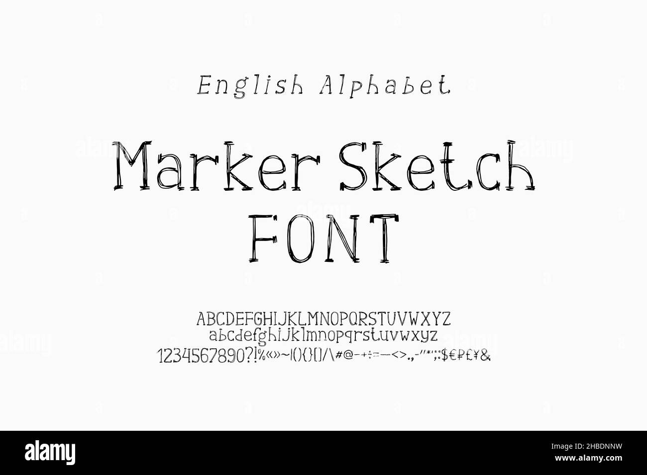 Police de l'esquisse du marqueur couleur noire, style de texture de hachures.Jeu de lettres et de chiffres en anglais. Illustration de Vecteur