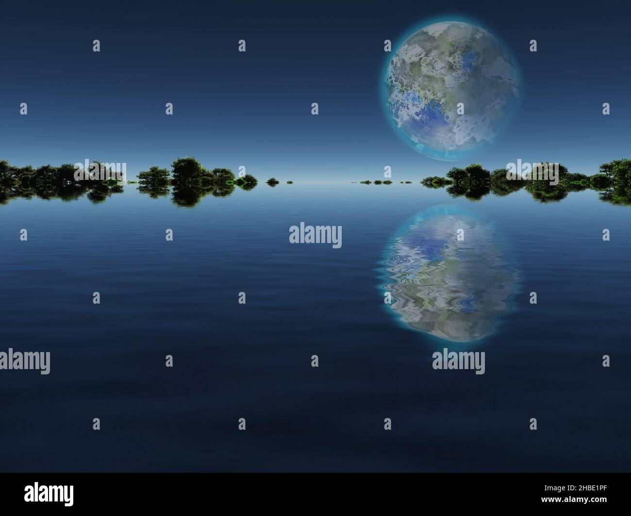 Art numérique surréaliste. Arbres verts dans l'eau.Lune géante terraformée dans le ciel.3D rendu Banque D'Images