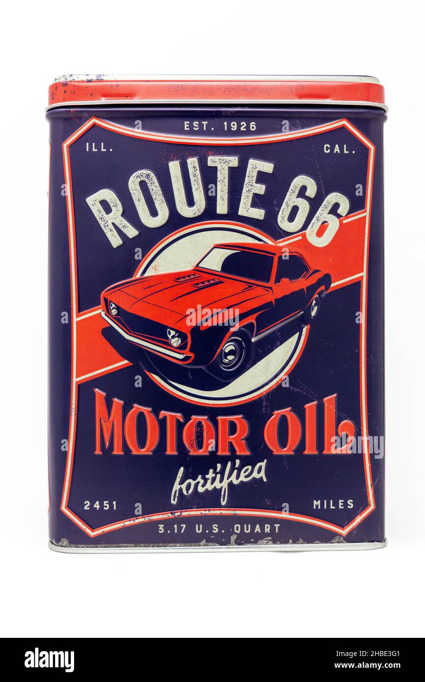 Art nostalgique - route 66 huile moteur, boîte de stockage Banque D'Images