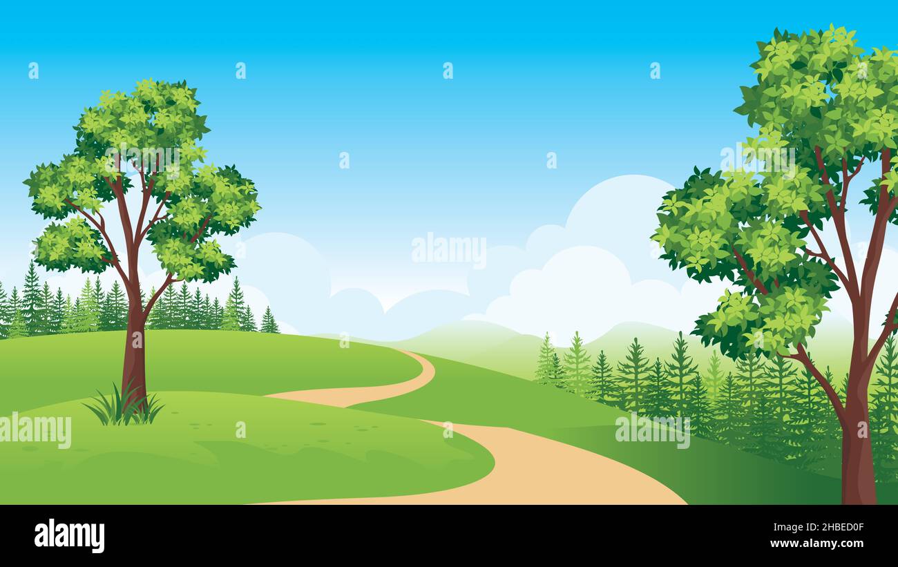 Magnifique paysage de nature, paysage de campagne de dessin animé avec montagnes, prairies, et champs. Illustration de Vecteur