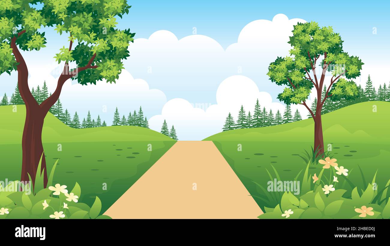 Magnifique paysage de nature, paysage de campagne de dessin animé avec montagnes, prairies, et champs. Illustration de Vecteur