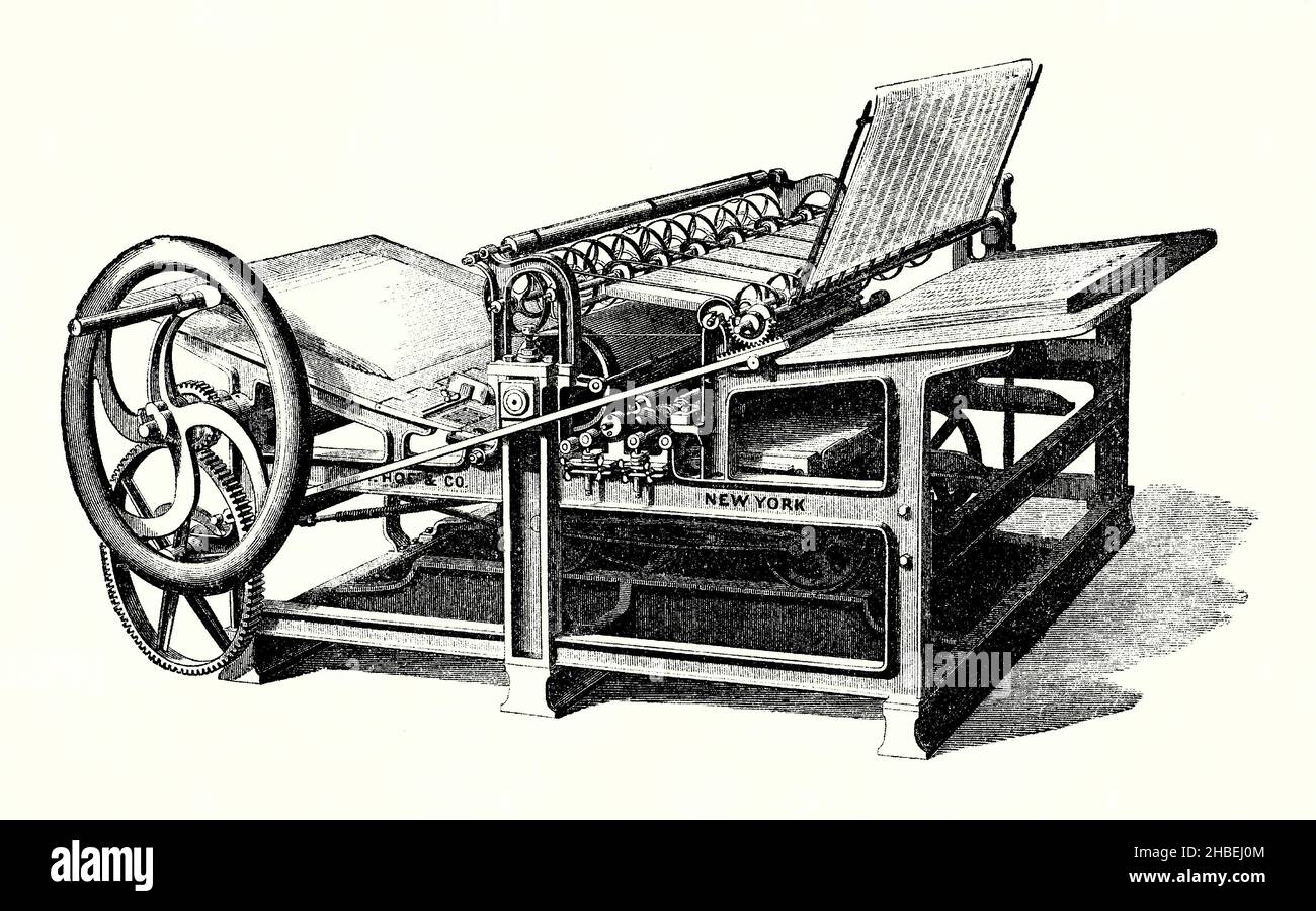 Une ancienne gravure montrant une imprimante de chemin de fer Hoe and Co c.1870. Il est tiré d'un livre victorien du 1890s sur les découvertes et les inventions pendant le 1800s.Principalement utilisée pour imprimer des journaux, cette machine à manivelle a son lit se déplace vers l'arrière et vers l'avant via des roues qui tournent sur des rails en dessous (d'où l'utilisation du mot «chemin de fer»).R Hoe & Company était un fabricant de presses à imprimer basé à New York, établi par Peter Smith, Matthew Smith et leur beau-frère, l'émigrant anglais Robert Hoe (1784-1833), en 1805 sous le nom de Smith, Hoe & Company. Banque D'Images