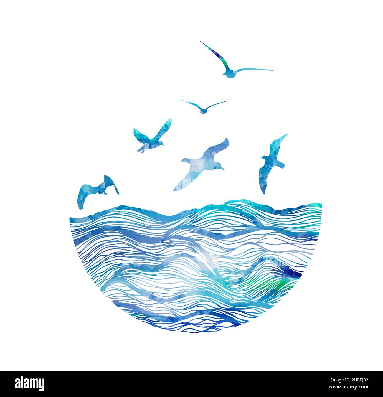 Conception abstraite du logo de l'océan avec vagues et mouettes.Illustration vectorielle Illustration de Vecteur