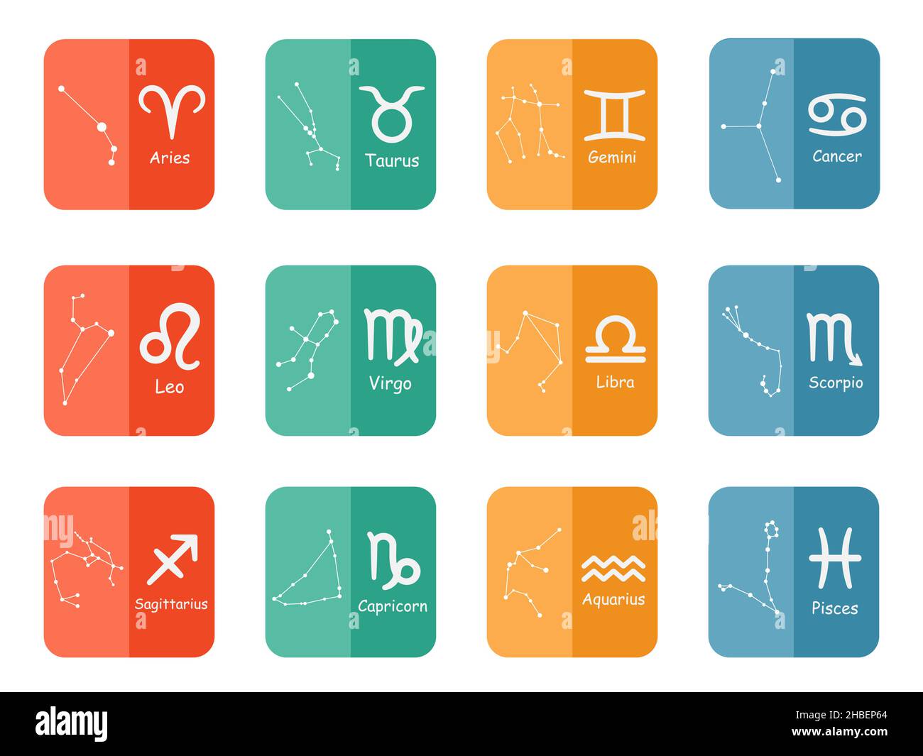 Symbole de signe de zodiaque vecteur avec légendes sur les boutons colorés - douze signes d'étoile Illustration de Vecteur