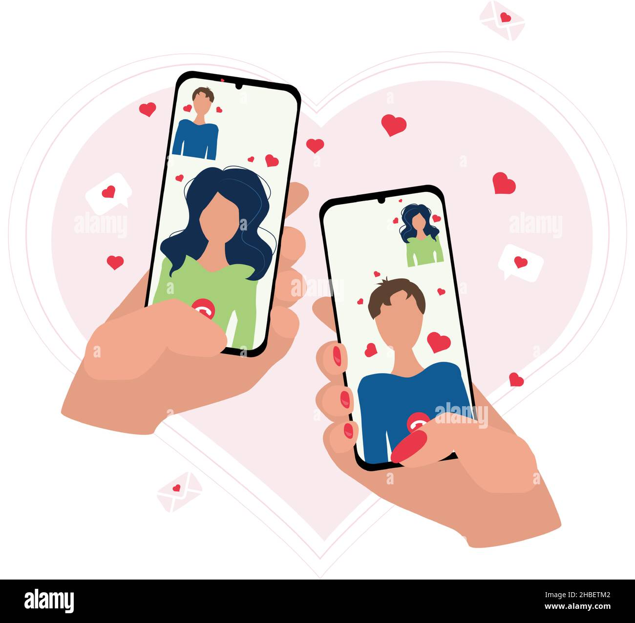 en ligne. main tient un téléphone avec un appel vidéo d'un couple amoureux sur le fond d'un coeur Illustration de Vecteur