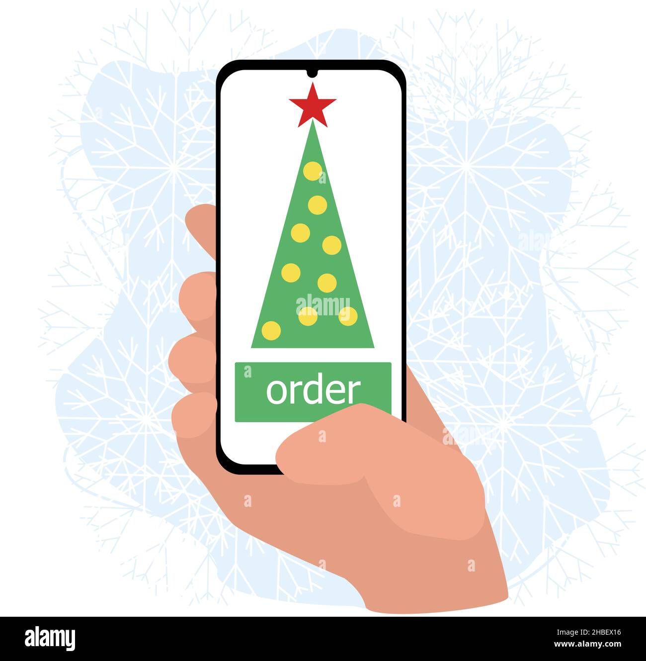 Commandez un sapin de Noël via une application dans un smartphone en main. Illustration de Vecteur