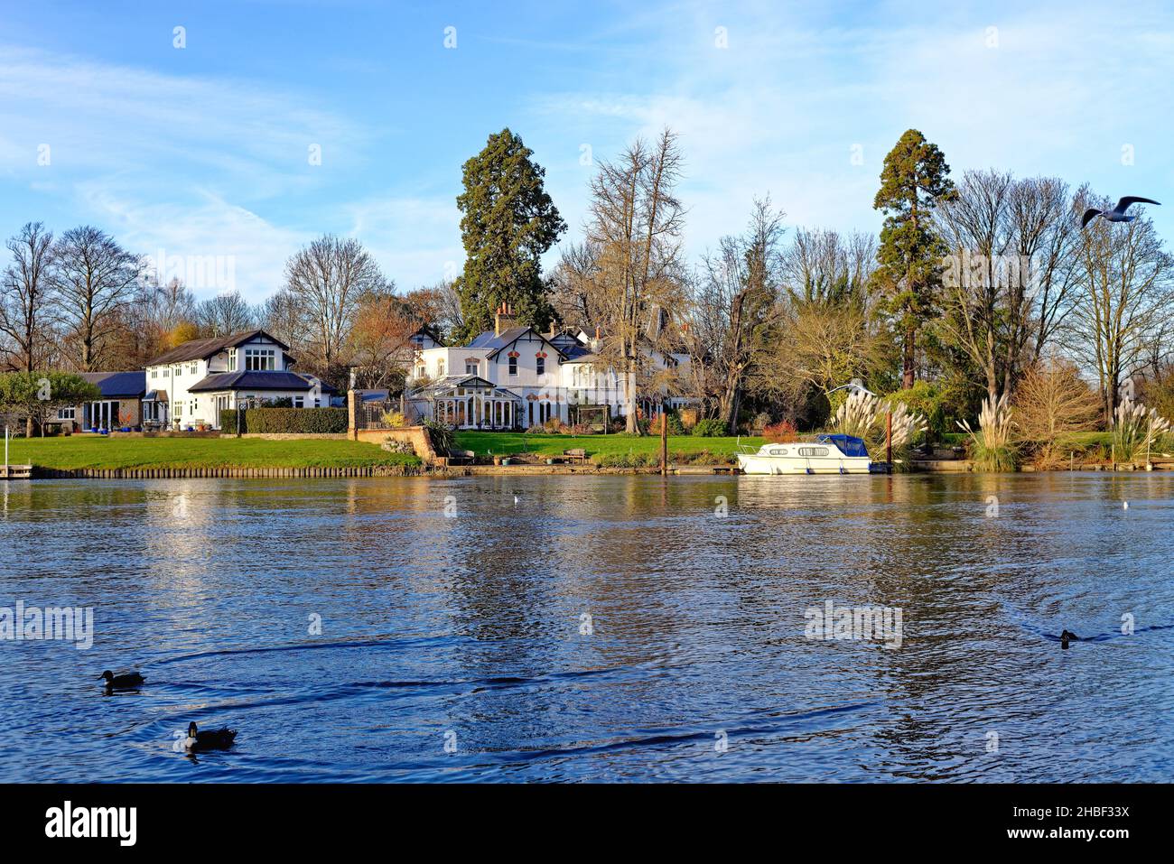 Élégante maison au bord de la rivière Thames à Shepperton, le jour d'automne ensoleillé Surrey Angleterre Royaume-Uni Banque D'Images