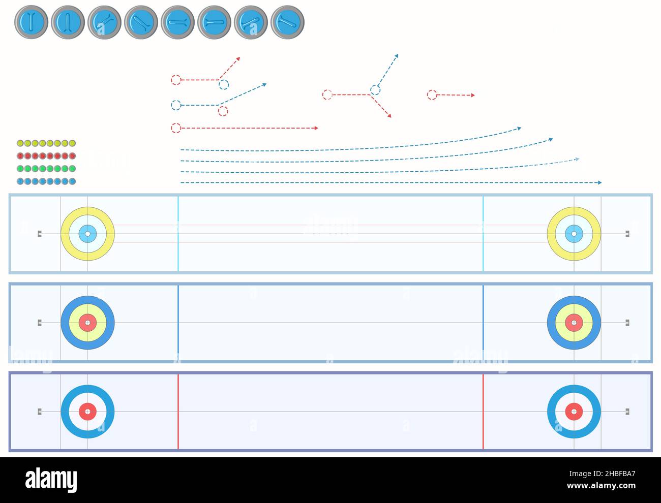 Jeu de feuilles de curling, de chemins de mouvement et de pierres de curling directement au-dessus. Illustration de Vecteur