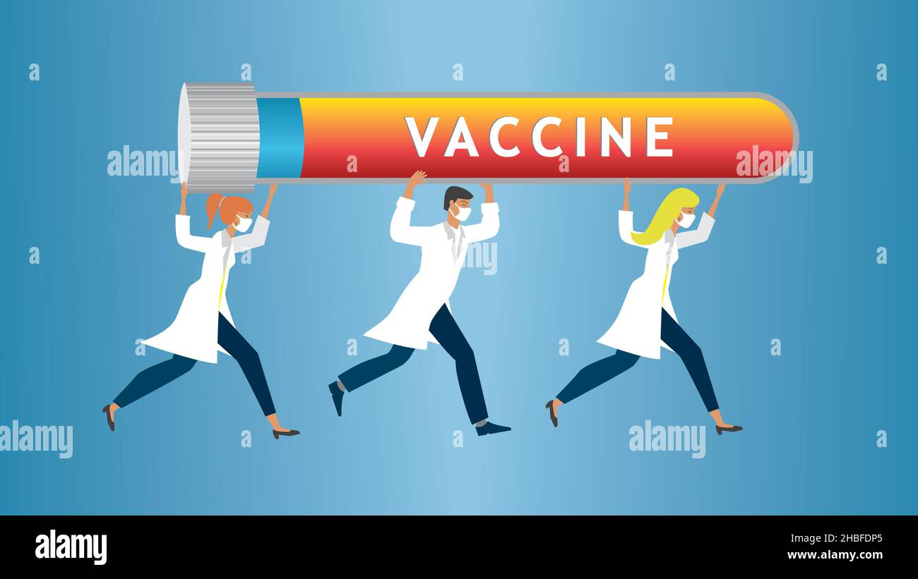 Les personnes de soins de santé qui utilisent un tube avec un vaccin.Illustration vectorielle.Dimension 16:9. Illustration de Vecteur