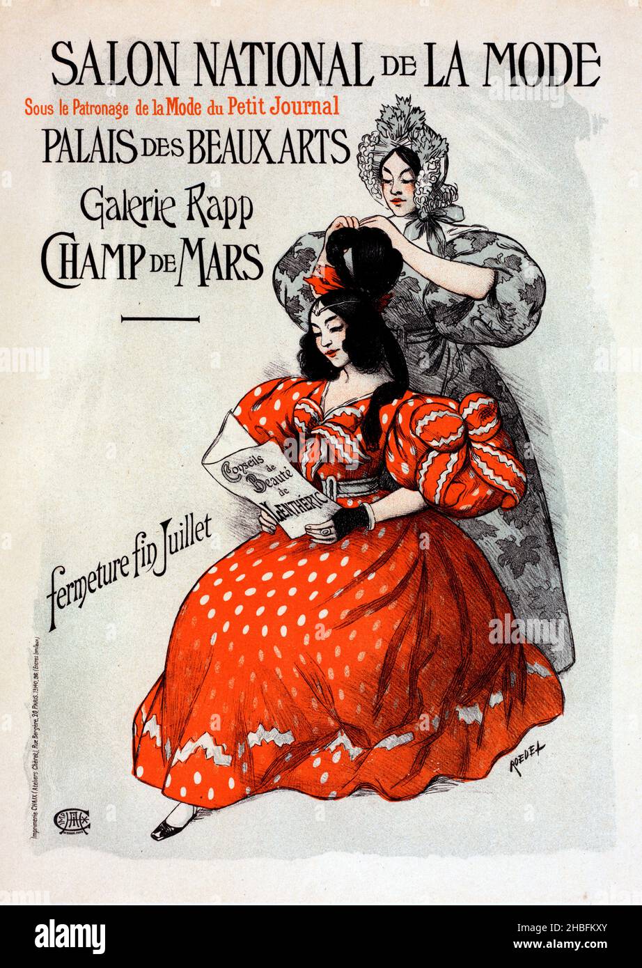 Affiche vintage française annonçant un „salon National de la mode“, un salon national de la fascion à Paris, France par Roedel, 1900 Banque D'Images