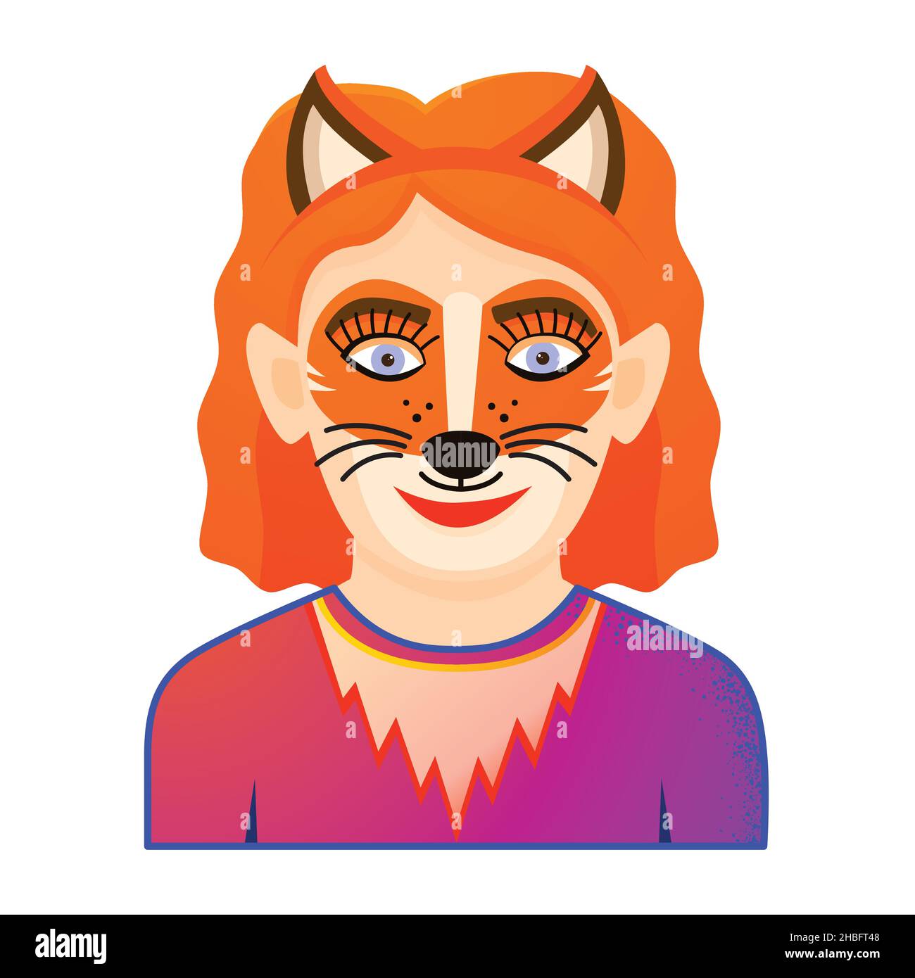 Portrait de drôles fille avec peinture de visage sur fond blanc.Icône avec caractère Fox.Illustration vectorielle. Illustration de Vecteur