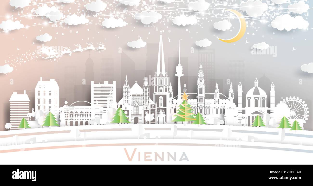 Vienne Austria City Skyline en papier coupé avec flocons de neige, Lune et Neon Garland. Illustration vectorielle. Concept Noël et nouvel an. Illustration de Vecteur