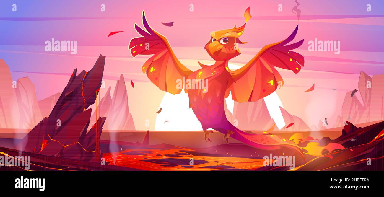 Phoenix ou fenix feu personnage de dessin animé d'oiseau au paysage volcanique avec lave et lever du soleil.Créature magique fantasy avec plumage rouge.Animal de conte de fées, symbole de la renaissance, illustration vectorielle Illustration de Vecteur