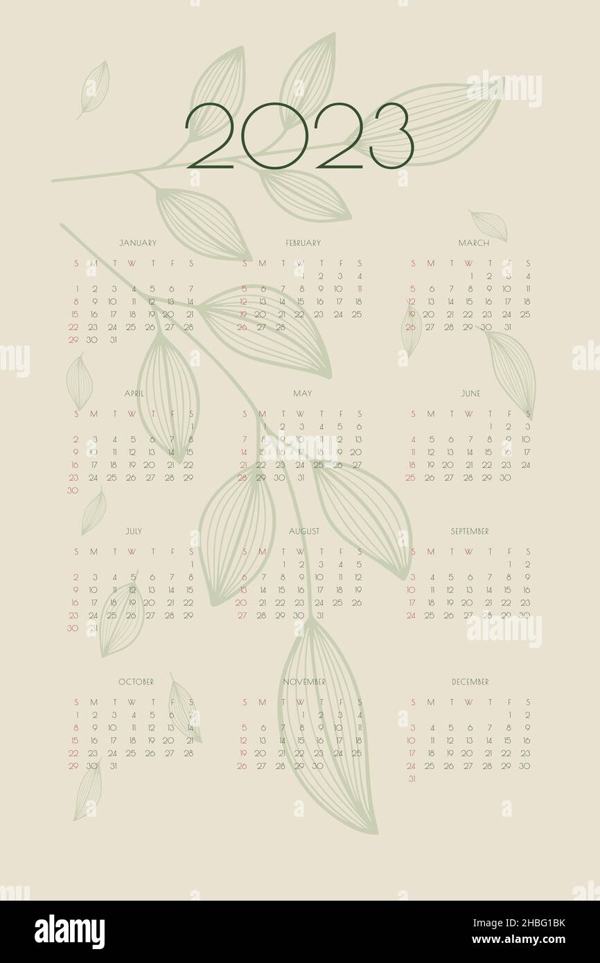calendrier 2023 avec feuilles et branches dessinées à la main, modèle d'organiseur de planificateur en vert naturel de style écologique, format vertical. Illustration de Vecteur