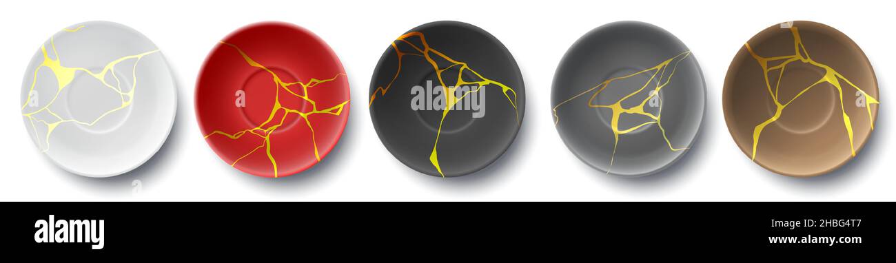 Plaques craquelées réalistes au design doré kintsugi de luxe.Effet cassé japonais, texture en marbre.Plaque avec ensemble de vecteurs de fissures en mosaïque dorée Illustration de Vecteur