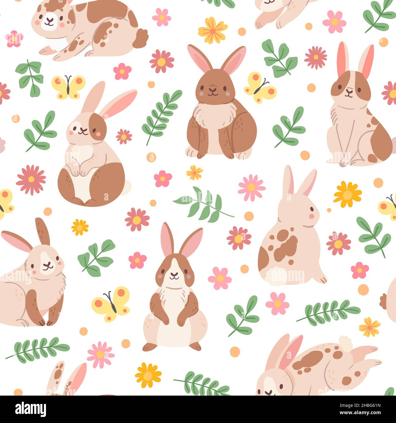 Joli dessin animé sans couture avec lapin, fleur et papillon.Fond floral printanier avec lapin de pâques.Imprimé animal de compagnie Illustration de Vecteur