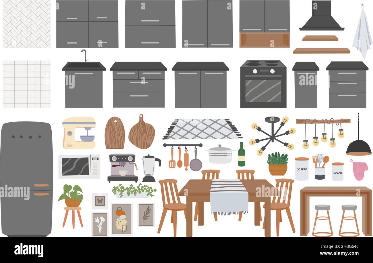 Meubles de cuisine confortables, ustensiles, décoration et appareils de cuisine.Set vectoriel d'armoire de table et de cuisine pour salle de cuisson hygge Illustration de Vecteur