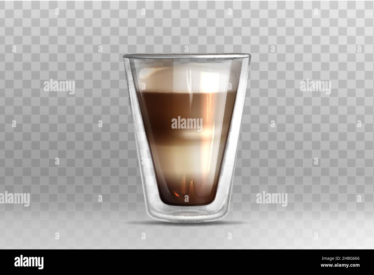 Illustration vectorielle réaliste du café chaud dans une tasse en verre avec double paroi sur fond transparent.Cappuccino ou latte avec mousse de lait sur le dessus.Modèle de maquette pour le marquage ou la conception de produits. Illustration de Vecteur