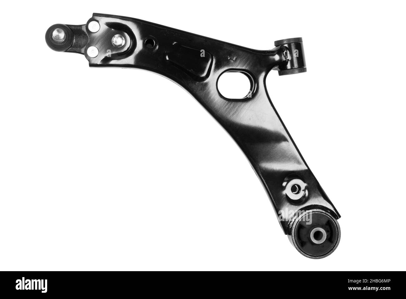 Bras inférieur de suspension avant isolé.Nouveau bras de suspension de roue de voiture isolé sur fond blanc.Pièces de rechange de qualité pour l'entretien ou l'entretien des voitures Banque D'Images