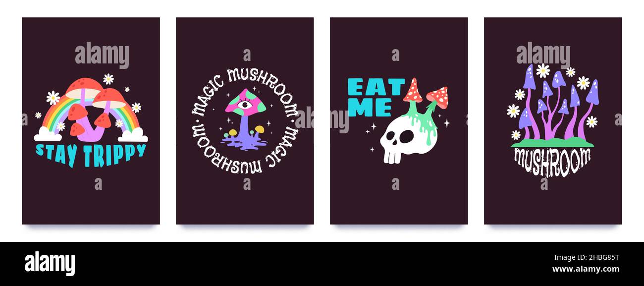Groovy de champignons psychédéliques imprimés fluo bizarres pour les t-shirts.Champignon magique, crâne, fleur et arc-en-ciel.Ensemble de 70s affiches à motif vectoriel trippy Illustration de Vecteur