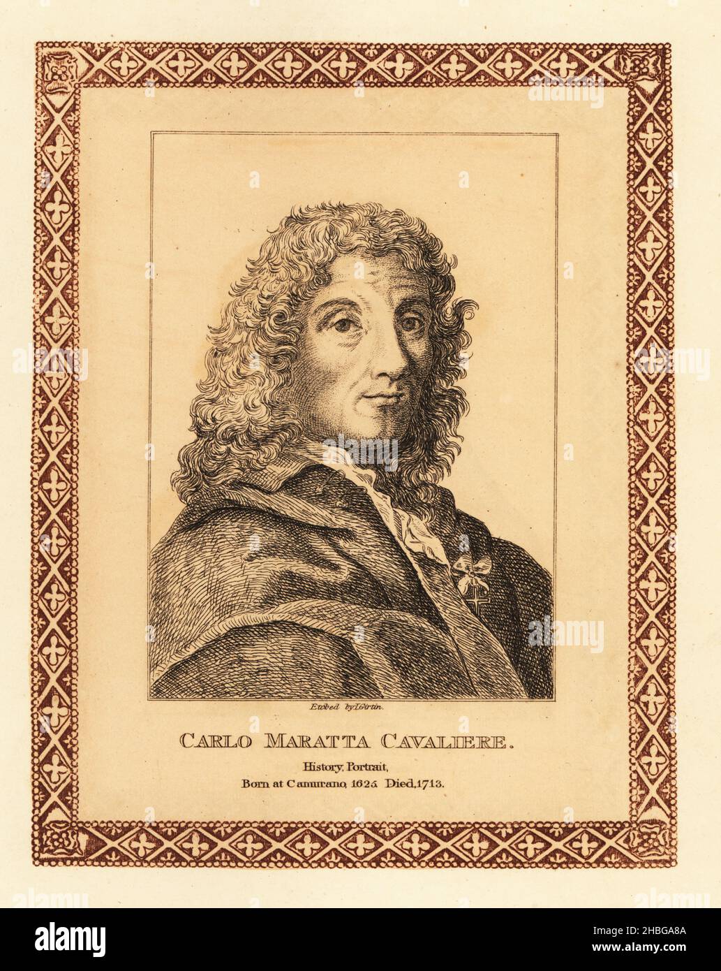 Carlo Maratta Cavaliere, 1625-1713, peintre italien d'histoire connu principalement pour ses peintures exécutées d'une manière baroque classique tardive.Gravure teintée à l’intérieur d’une bordure décorative par John Girtin après un autoportrait de Maratta des soixante-dix-cinq portraits de John Girtin de peintres célèbres d’authentiques originaux, J. m’Creery, Londres, 1817. Banque D'Images
