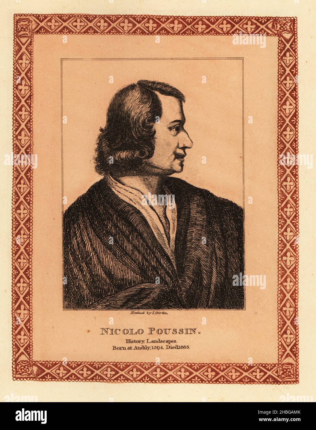 Portrait de profil de Nicolas Poussin, 1594-1665, peintre d'histoire et de paysage de style baroque français classique, qui a passé la plus grande partie de sa vie professionnelle à Rome.Nicolo Poussin.Gravure teintée à l’intérieur d’une bordure décorative par John Girtin des soixante-dix-cinq Portraits de John Girtin de célèbres peintres d’originaux authentiques, J. m’Creery, Londres, 1817. Banque D'Images