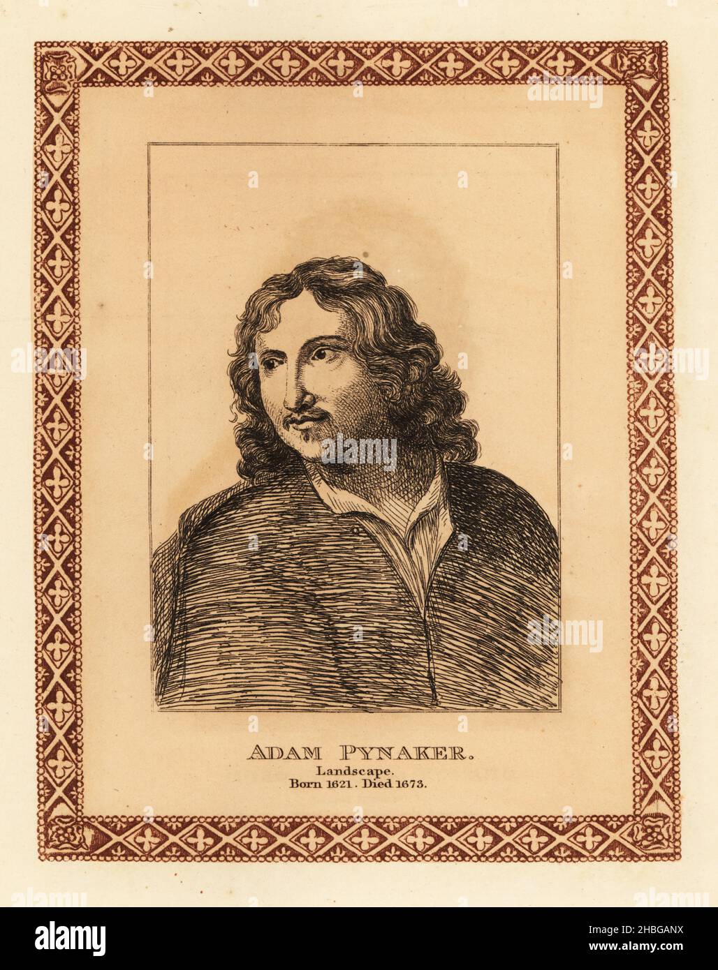 Adam Pynacker, 1622-1673, peintre paysagiste néerlandais de l'âge d'or.Adam Pynaker.Gravure teintée dans une bordure décorative par John Girtin à la suite d’un portrait de son beau-père Wybrand de Geest tiré des soixante-dix-cinq portraits de John Girtin de célèbres peintres d’originaux authentiques, J. m’Creery, Londres, 1817. Banque D'Images