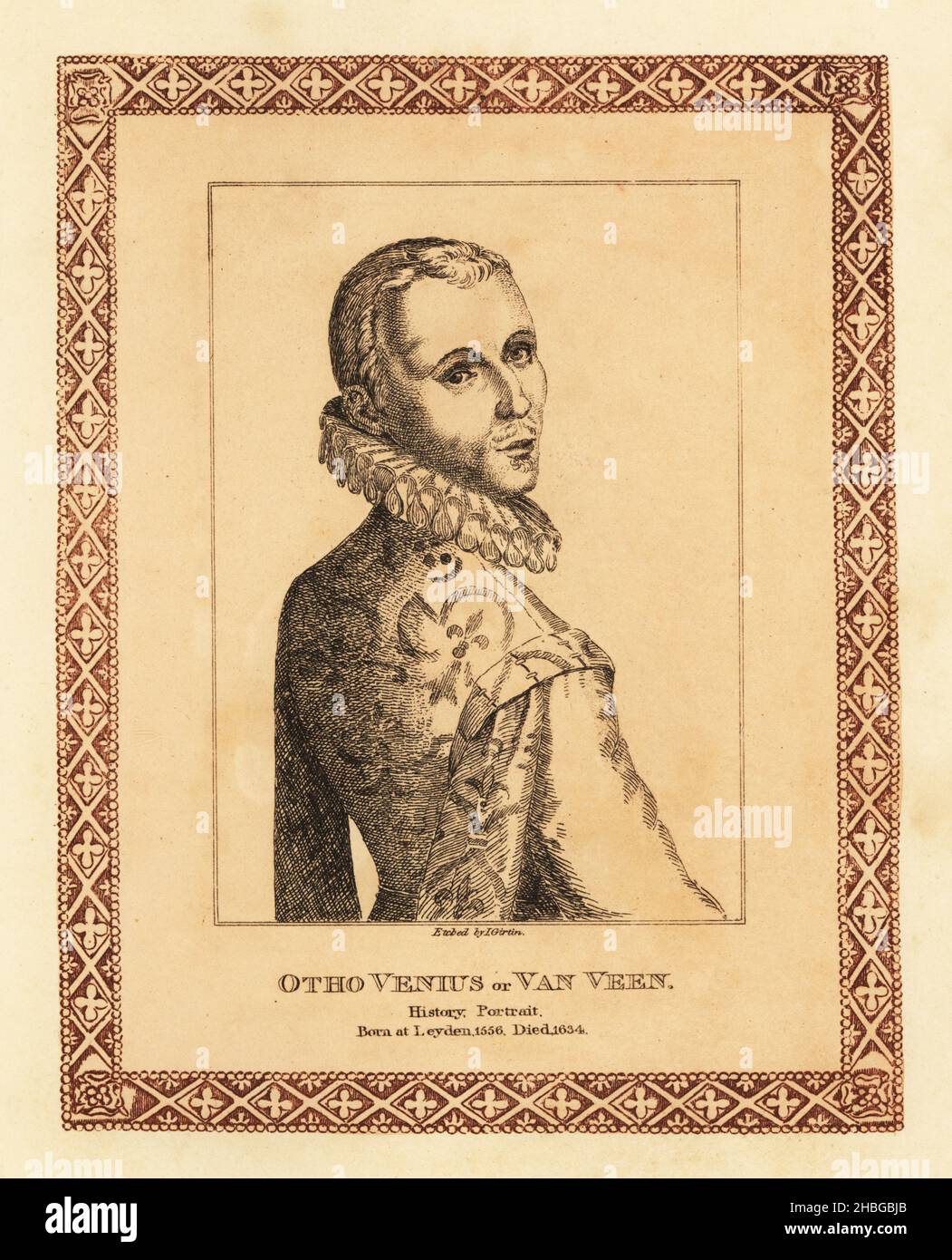 Otto van Veen, 1556-1629, peintre, dessinateur et humaniste néerlandais, actif principalement à Anvers et Bruxelles à la fin de 16th et au début de 17th siècles.Jeune homme en double avec des ruff.Otho Venius ou van Veen, peintre d'histoire et portraitiste.Gravure teintée à l’intérieur d’une bordure décorative par John Girtin des soixante-dix-cinq Portraits de John Girtin de célèbres peintres d’originaux authentiques, J. m’Creery, Londres, 1817. Banque D'Images
