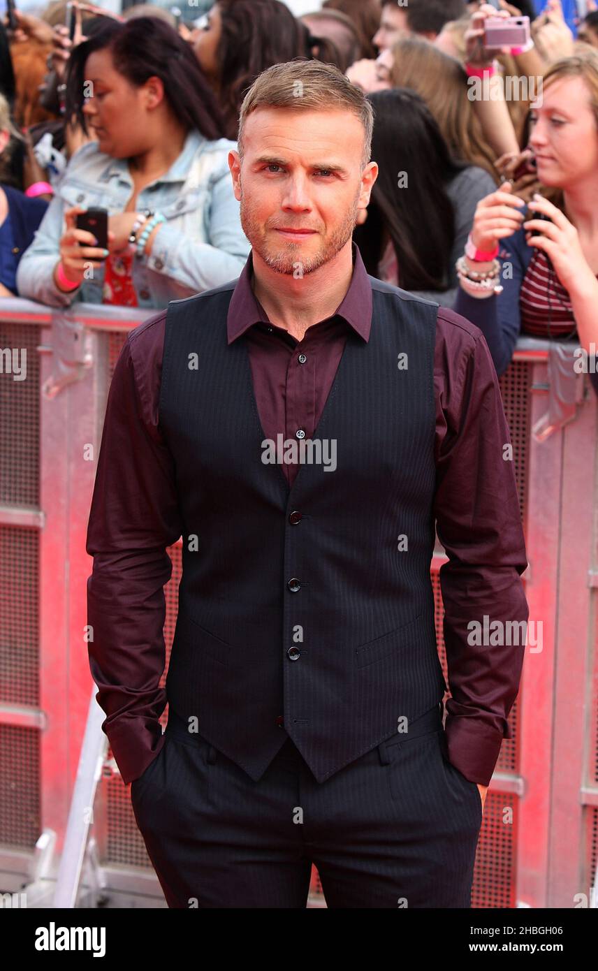 Gary Barlow arrive au lancement de la presse et à la projection du premier épisode de X Factor 2011, Cineworld, O2 Arena, Greenwich, Londres. Banque D'Images