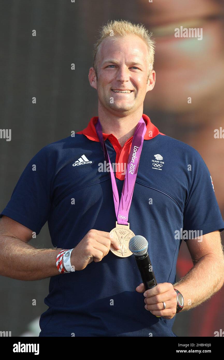 Alex Partridge Rowing Mens 8 médaillé de bronze au BT London Live, célébrant les Jeux Olympiques, Hyde Park, dans le centre de Londres. Banque D'Images