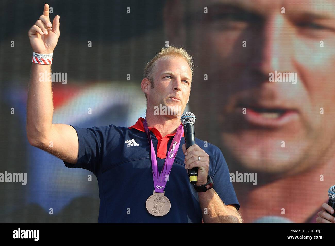 Alex Partridge Rowing Mens 8 médaillé de bronze au BT London Live, célébrant les Jeux Olympiques, Hyde Park, dans le centre de Londres. Banque D'Images