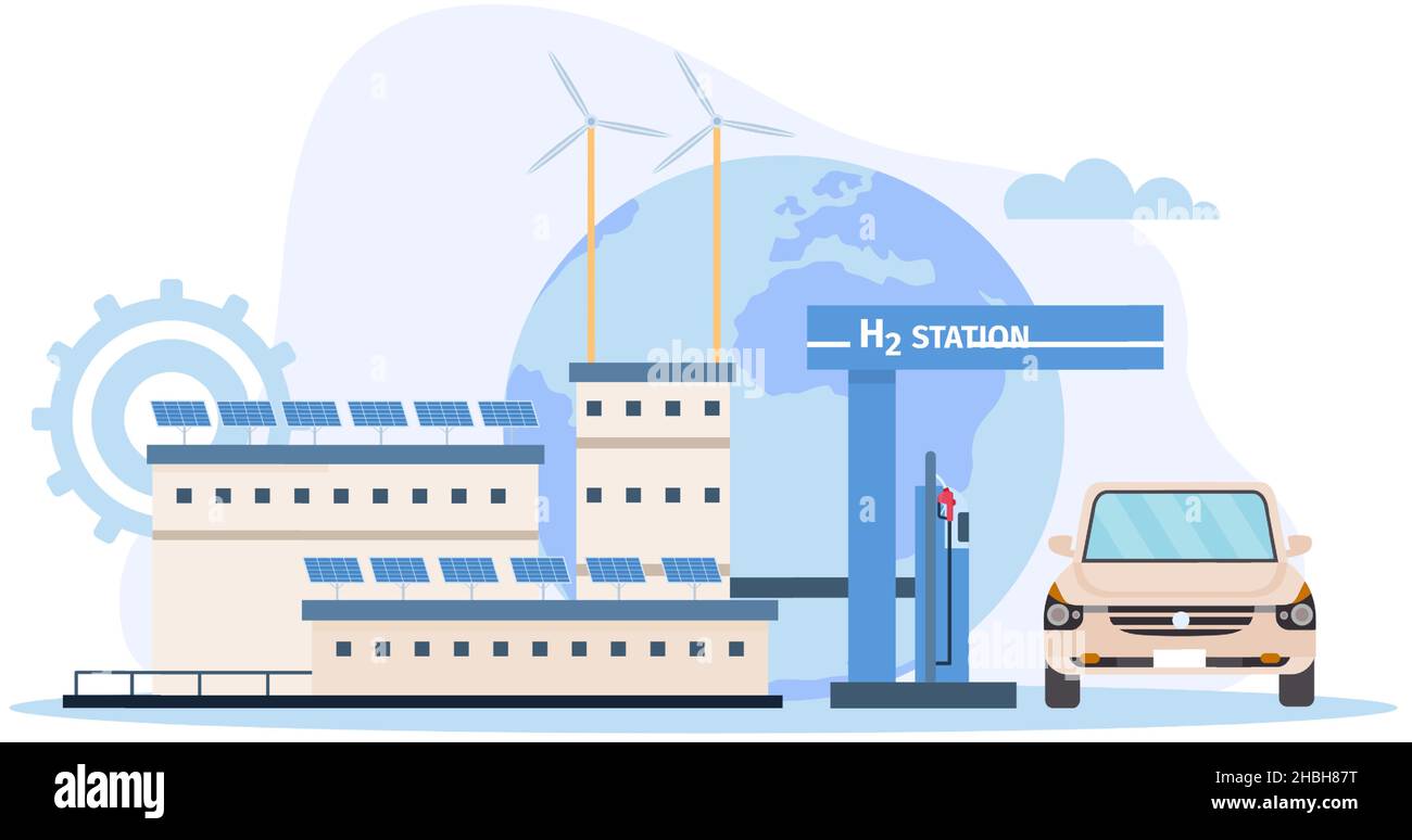 Usine de combustible à hydrogène plat, station-service et voiture.Production d'énergie renouvelable écologique par électrolyse de l'eau PEM.Concept de vecteur hydrogène Illustration de Vecteur