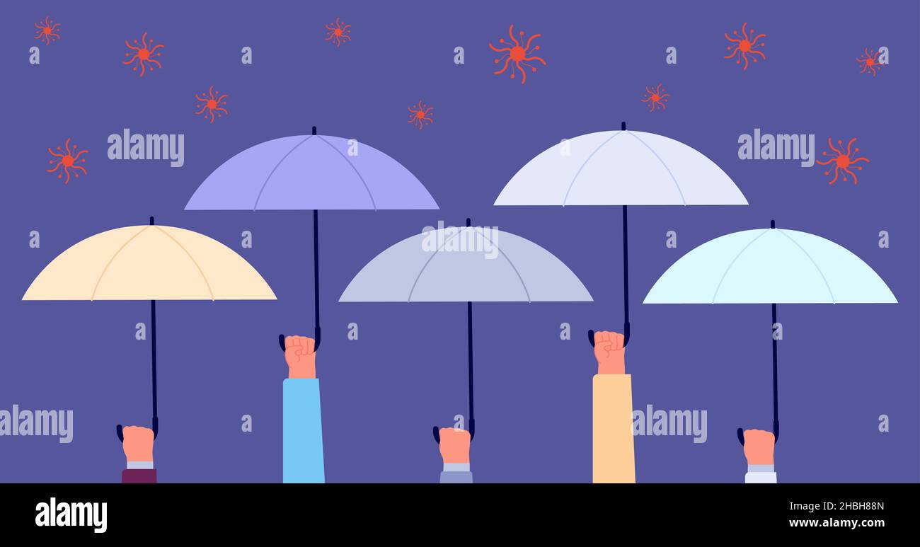 Attaque bactérienne.Mains tenant des parapluies et de protéger contre la chute de virus.Concept de vecteur d'assurance maladie, santé, auto-protection ou vie Illustration de Vecteur
