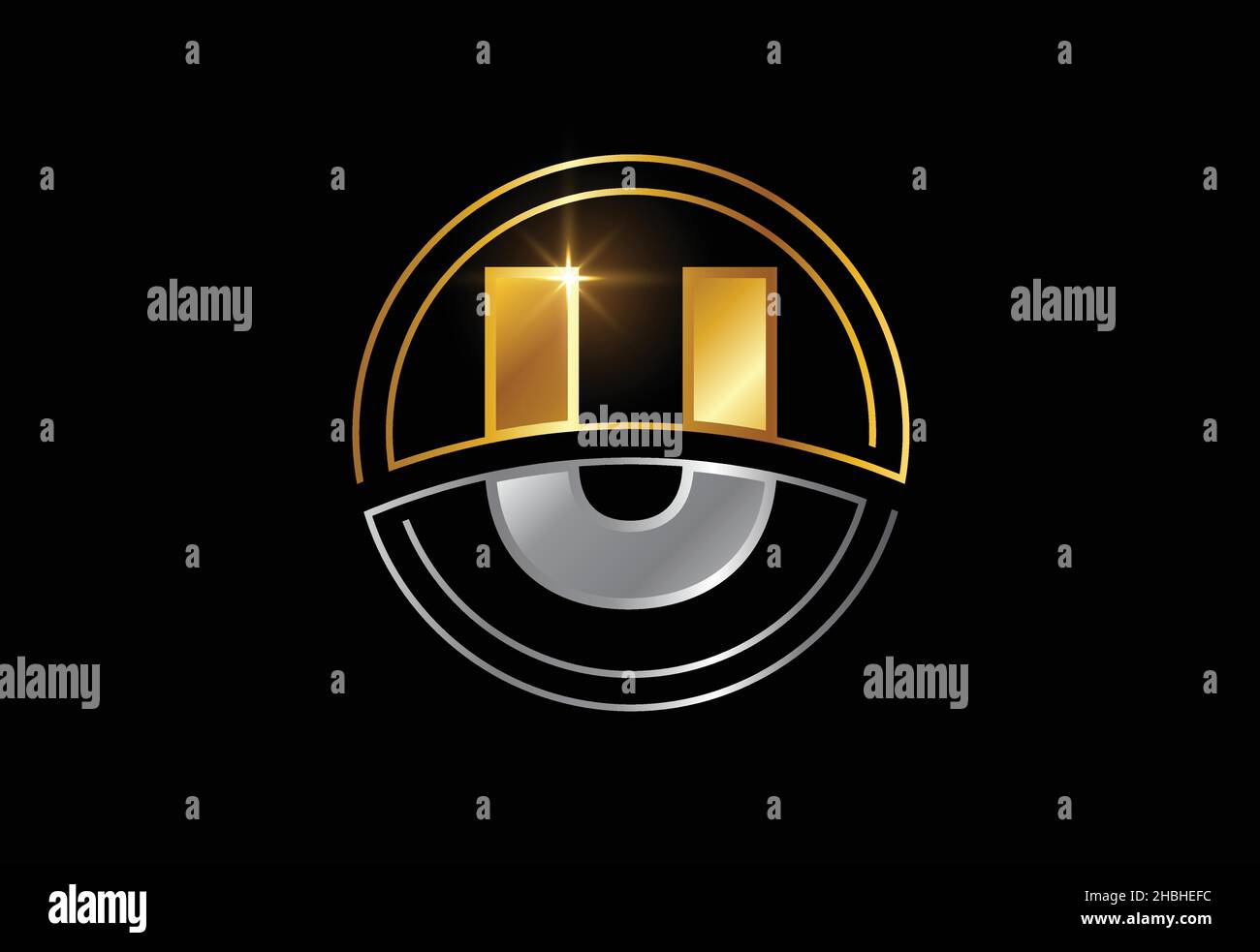 Lettre initiale U avec cadre circulaire.Symbole alphabet doré et argenté pour l'identité de l'entreprise Illustration de Vecteur
