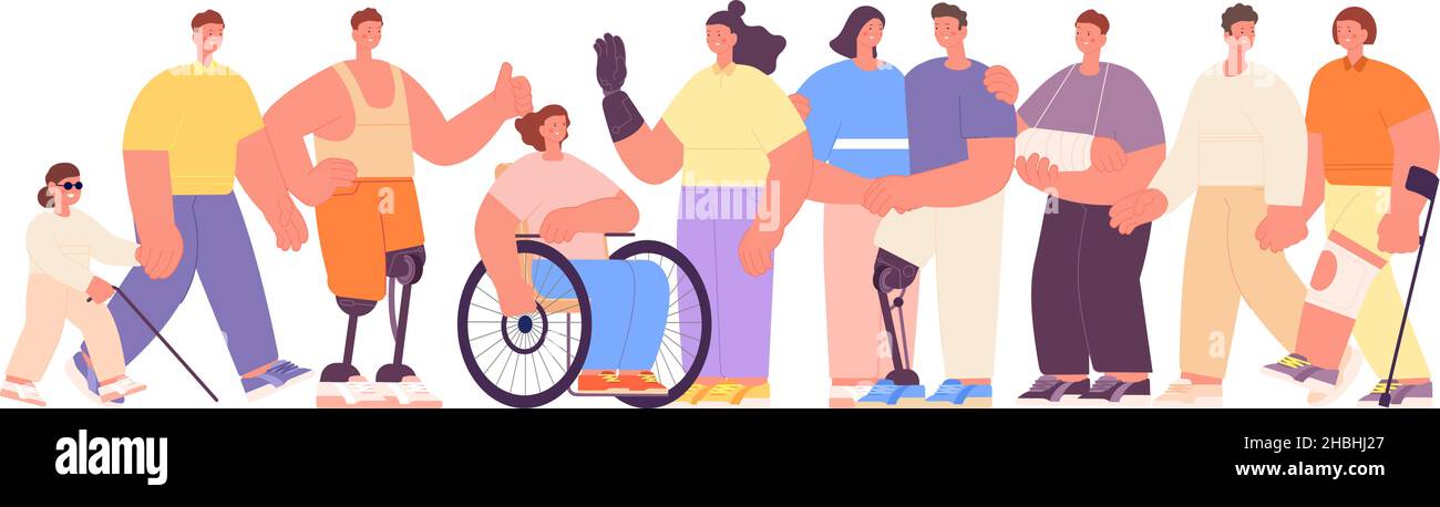 Des personnes diversifiées ensemble.Portraits groupe humain, handicap inclus dans la vie sociale.Droits de travail égaux, personne en fauteuil roulant.Diversité communautaire Illustration de Vecteur