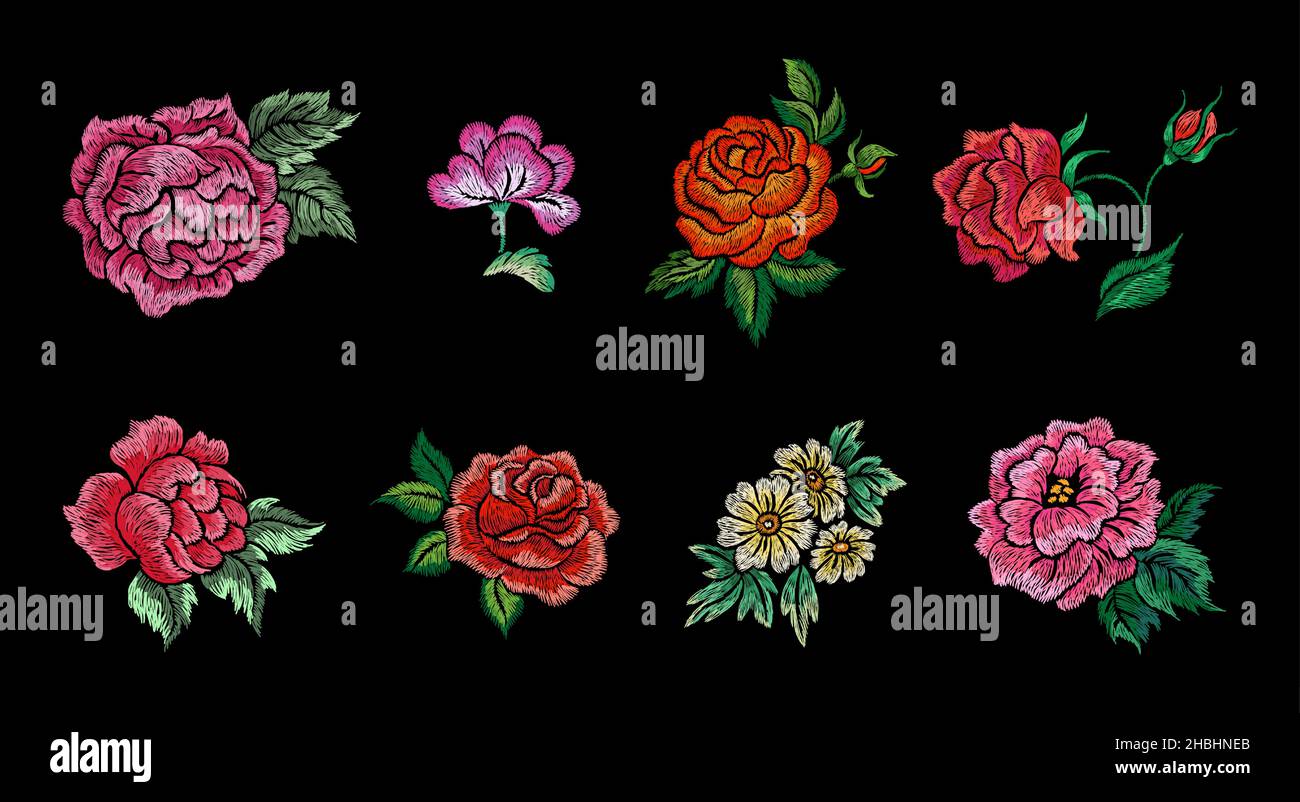 Fleurs brodées en point.Motif fleuri brodé, bouquet de fleurs.Décoration de mode style vintage, patch ethnique fait main.Pivoine rose Nowaday Illustration de Vecteur