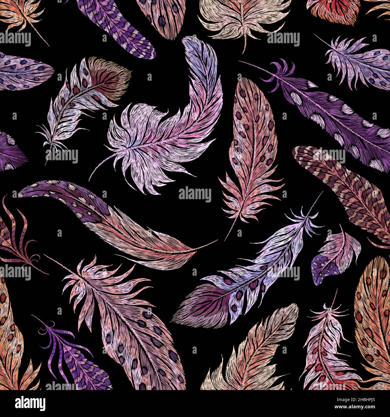 Broderie de plumes.Imprimé plumes exotiques, éléments ethniques mode oiseaux.Beauté décoratif plumage, tapisserie de couture nowaday, vecteur sans couture motif Illustration de Vecteur