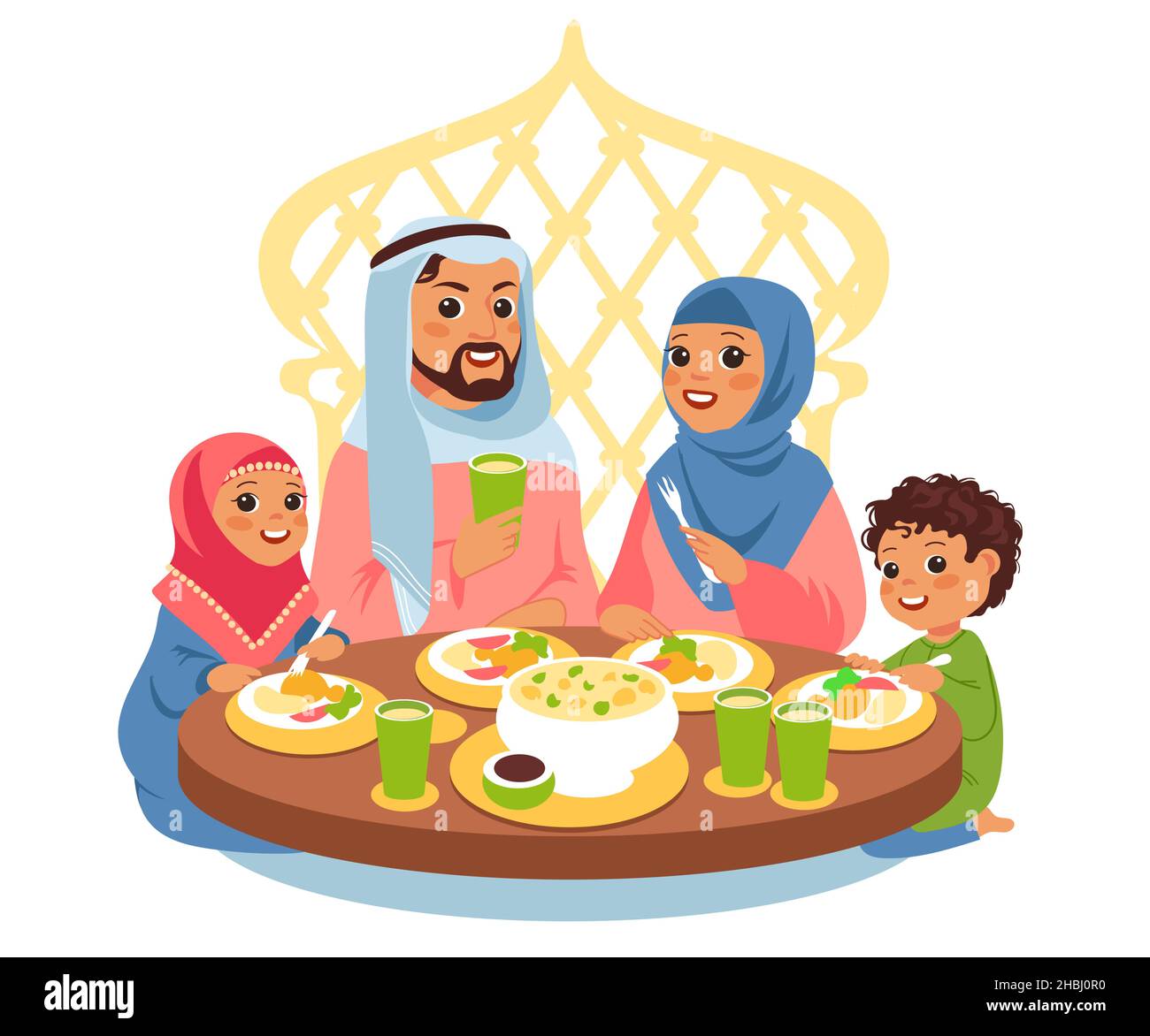 La famille musulmane a dîné.Repas arabe traditionnel.Le père, la mère et les enfants en vêtements nationaux assis à table, service festif.La culture islamique Illustration de Vecteur