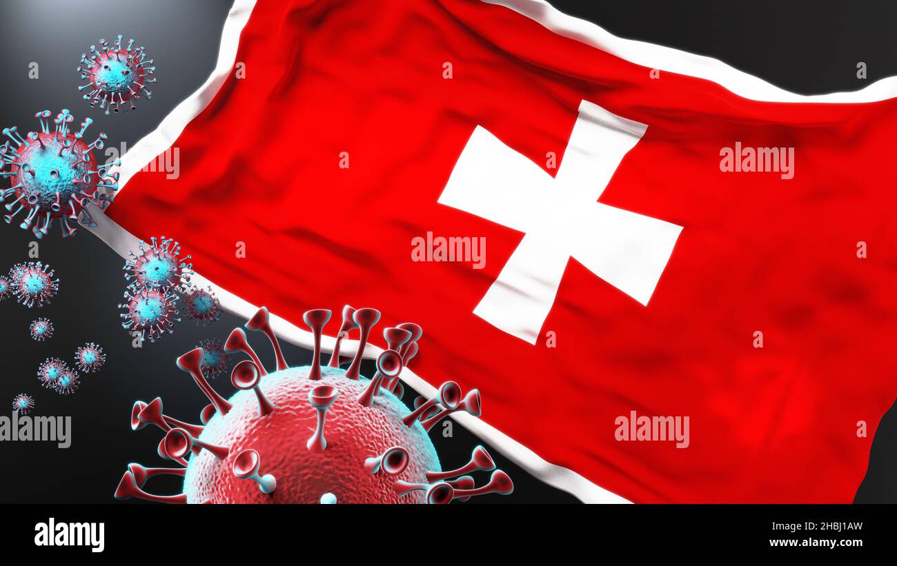 Pandémie de Cetinje et de covid - virus attaquant un drapeau de la ville de Cetinje comme symbole d'une lutte contre la pandémie de virus dans cette ville, 3D illus Banque D'Images