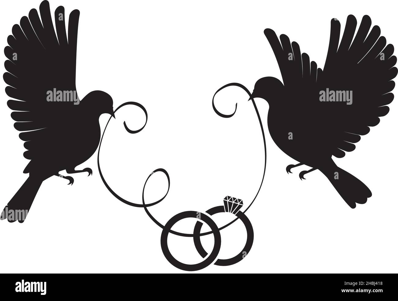 Silhouettes volants et anneaux de mariage isolés sur fond blanc, vecteur.Design minimaliste. Illustration de Vecteur
