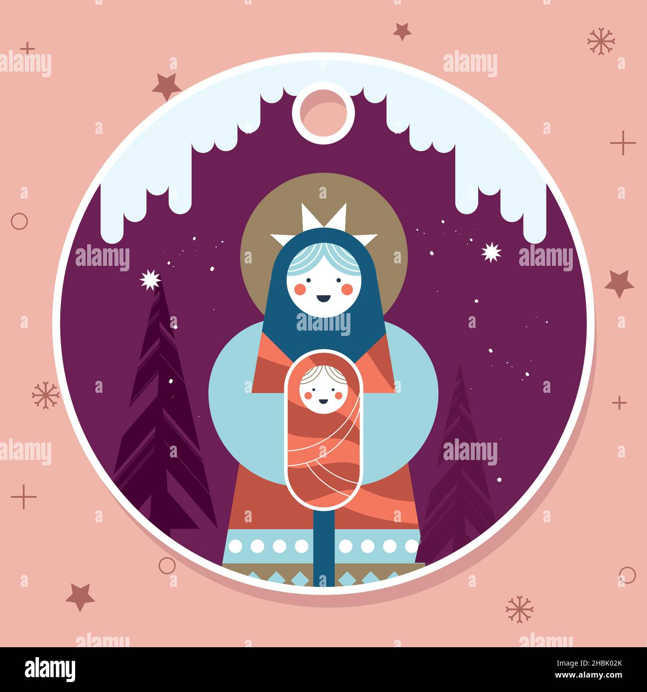 vierge et jésus bébé dans étiquette de noël Illustration de Vecteur