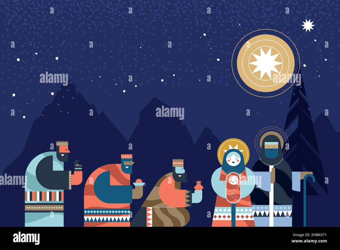 joyeux personnages de scène de nuit épiphanie Illustration de Vecteur