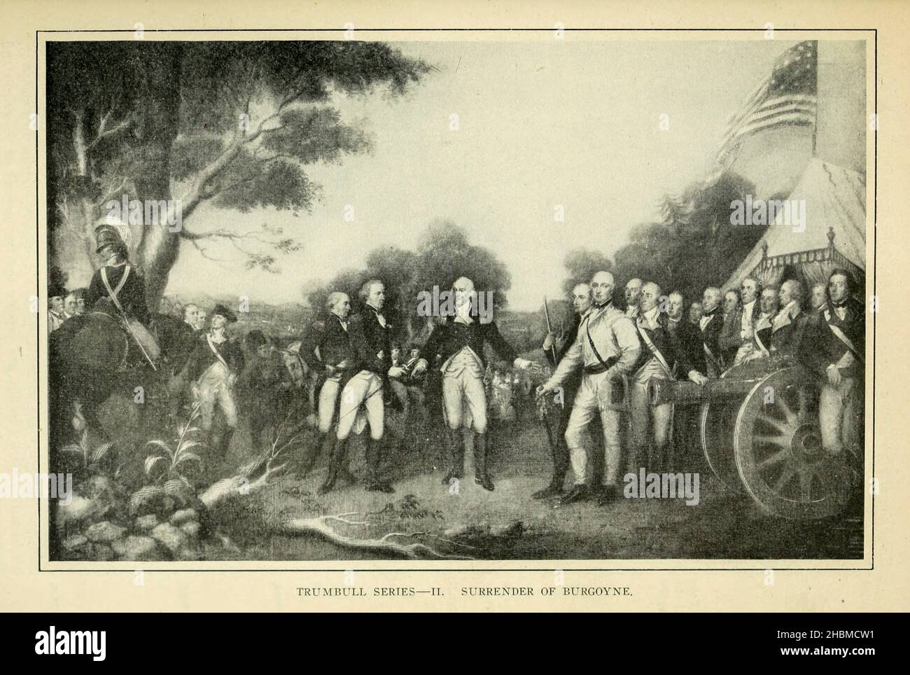 Trumbull (John Trumbull (6 juin 1756 – 10 novembre 1843)) série II – remise de Burgoyne [la remise du général Burgoyne est une peinture à l'huile de John Trumbull.La peinture a été achevée en 1821 et est suspendue dans la rotonde du Capitole des États-Unis à Washington, D. C. la peinture représente la reddition du lieutenant-général britannique John Burgoyne à Saratoga, New York, le 17 octobre 1777, dix jours après la deuxième bataille de Saratoga.La représentation comprend de nombreux dirigeants de l'armée continentale américaine et des forces de la milice qui ont participé à la bataille ainsi que le commandement hessois Banque D'Images