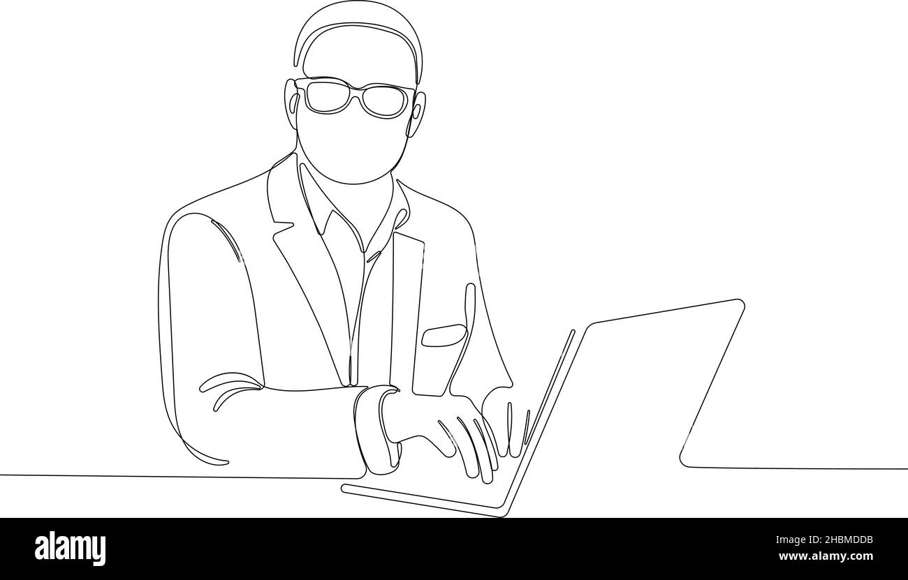 Un homme en lunettes s'assoit à un ordinateur portable ou à un ordinateur portable Illustration de Vecteur