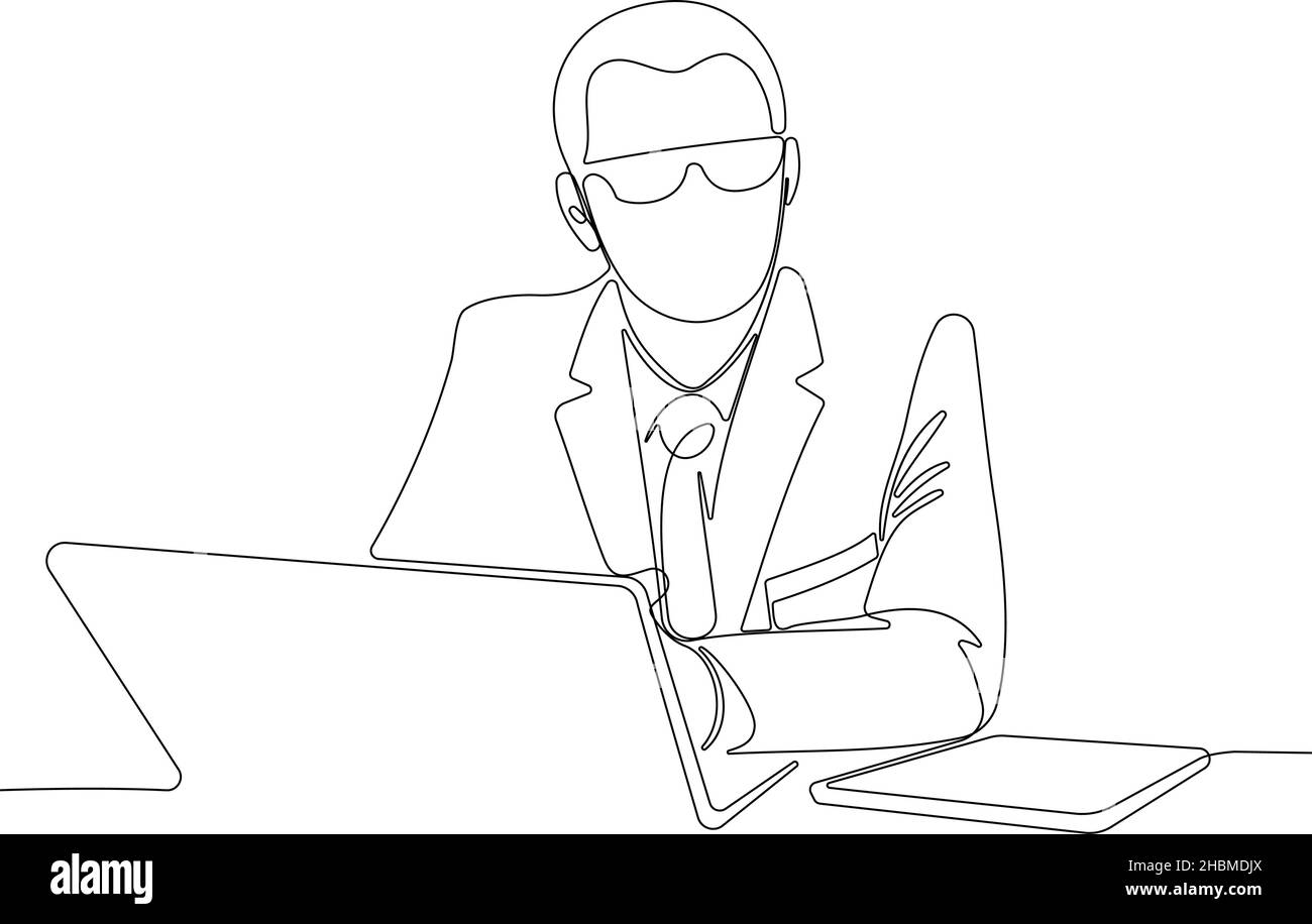 Un seul dessin de ligne de l'homme dans des lunettes de bureau à la maison Illustration de Vecteur
