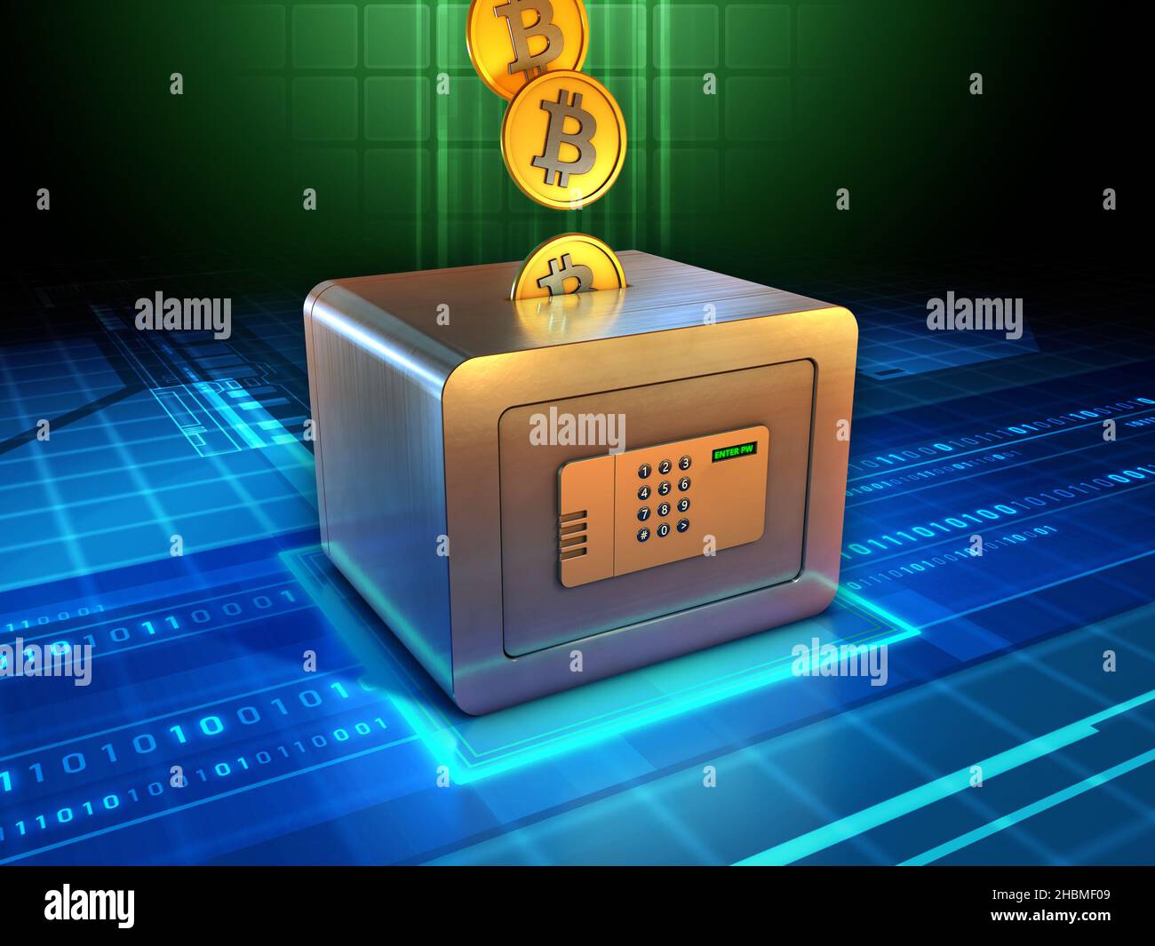 Certaines pièces de crypto sont stockées dans un coffre-fort protégé par mot de passe.Illustration numérique. Banque D'Images