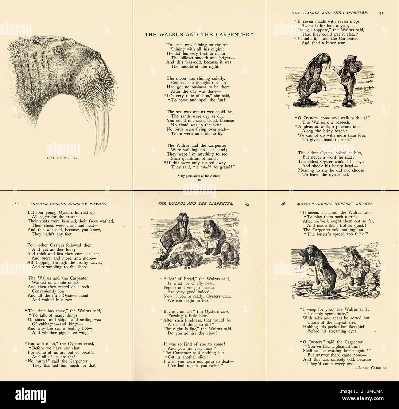 'The Walrus and the Carpenter' est un poème narratif de Lewis Carroll qui est paru dans son livre à travers le look-Glass, publié en décembre 1871.Le poème est reproduit dans le chapitre quatre, par Tweedledum et Tweedledee à Alice.Le poème est composé de 18 stanzas et contient 108 lignes, en alternance entre les tétramètres iambiques et les trimètres iambiques.Le schéma de rhyme est ABCBDB, avec des rhymes masculines partout.Le schéma rhyming et rythmique utilisé, ainsi que certains archaismes et tours syntactiques, sont ceux de la ballade anglaise traditionnelle. Banque D'Images