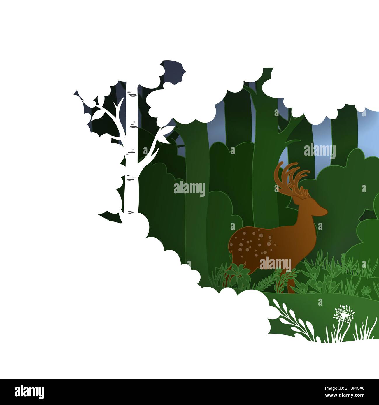 3D papier art paysage forestier, avec un cerf.Forêt vectorielle avec arbres et herbe... Illustration de Vecteur