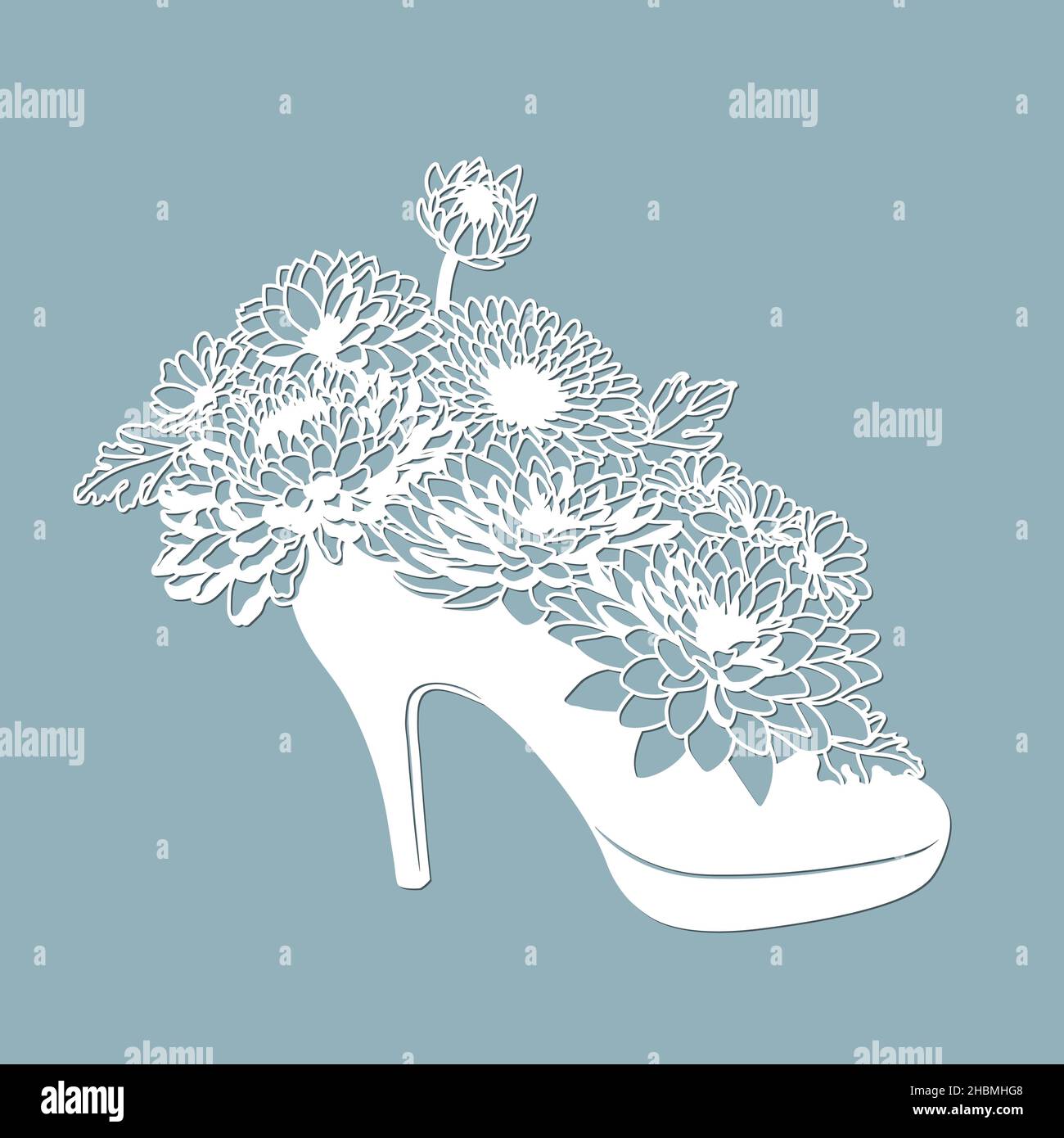 Chrysanthèmes dans une chaussure.Décor.Modèle pour découpe au laser et traceur.Fleurs, feuilles pour la décoration.Illustration vectorielle.Autocollant fleurs. Traceur Illustration de Vecteur