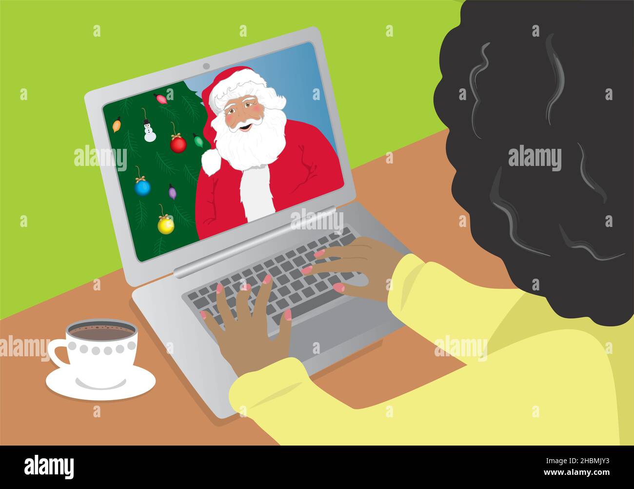 Femme ayant une réunion en ligne avec l'illustration du vecteur du Père Noël.EPS10. Illustration de Vecteur